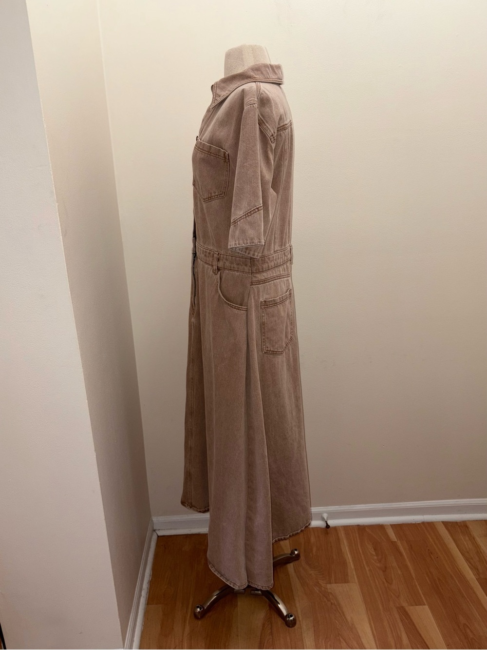 ALIGNE Tan Mateo Asymmetrical Utility Denim Midi Dress Size 12 Large Lagenlook - Picture 4 of 16